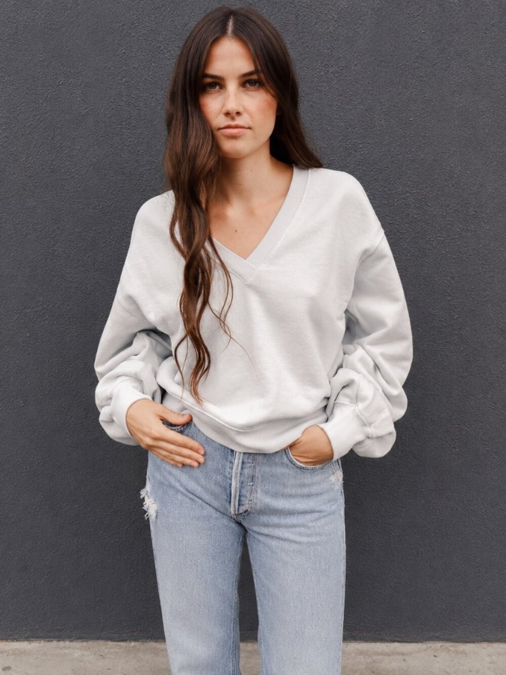 Agolde V-neck Balloon Sleeve Crewneck Sweatshirt - Picture 1 of 4